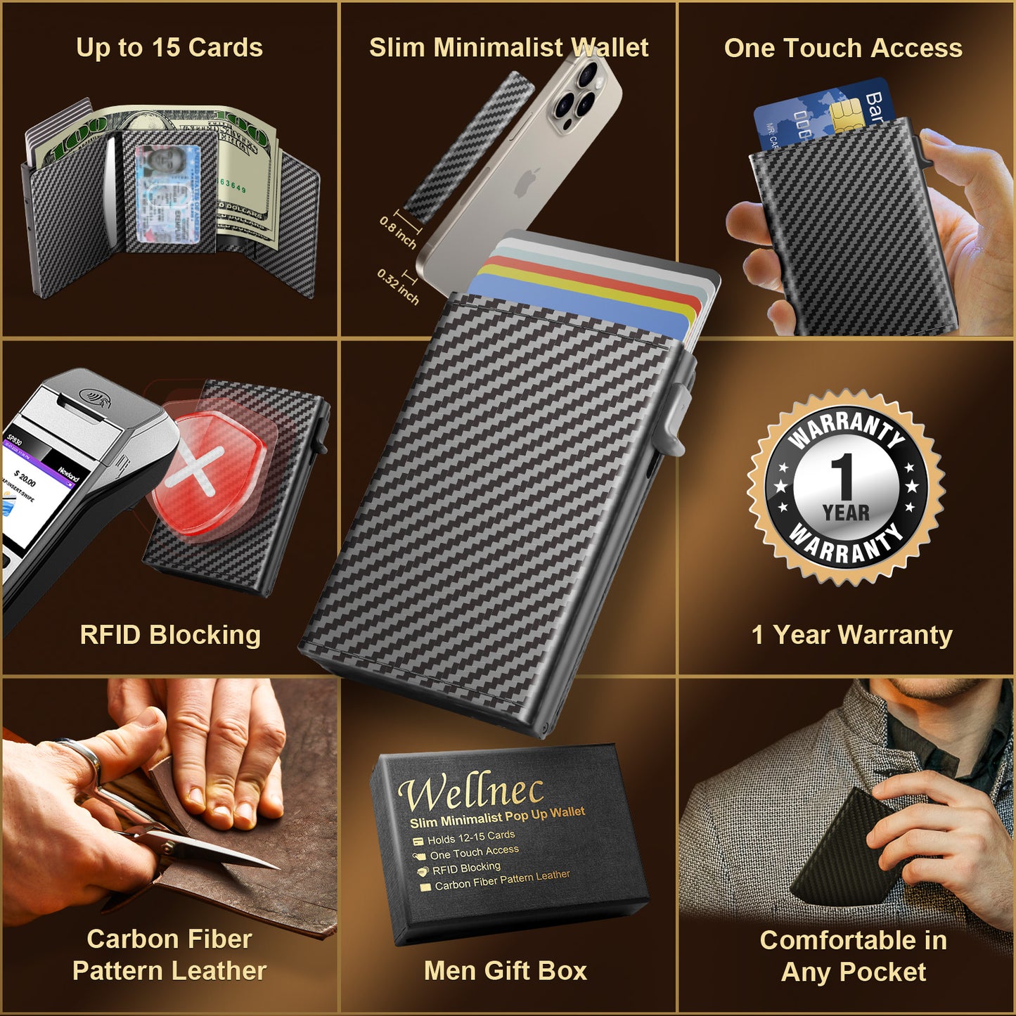 WELLNEC Mens Wallet Card Holder - for 12-15 Cards, Slim Pop Up Wallet for Men, ID Window, Smart Wallet with RFID Blocking, Front Pocket, Cash Slot, Easily Removable Money & Cards, Carbon Fiber