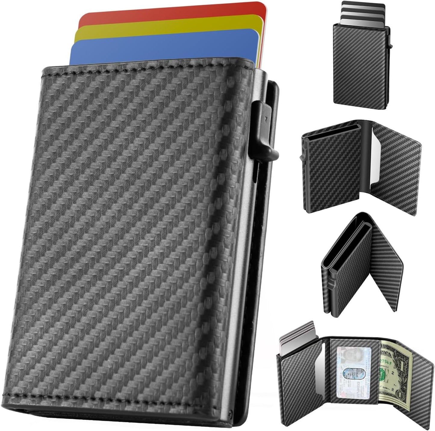 WELLNEC Mens Wallet Card Holder - for 12-15 Cards, Slim Pop Up Wallet for Men, ID Window, Smart Wallet with RFID Blocking, Front Pocket, Cash Slot, Easily Removable Money & Cards, Carbon Fiber