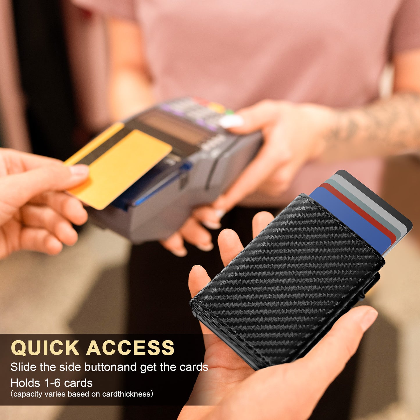 WELLNEC Mens Wallet Card Holder - for 12-15 Cards, Slim Pop Up Wallet for Men, ID Window, Smart Wallet with RFID Blocking, Front Pocket, Cash Slot, Easily Removable Money & Cards, Carbon Fiber